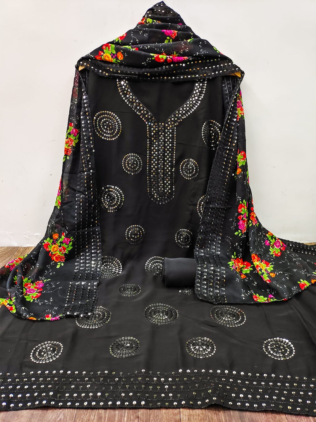 

ZEEPKART Ethnic Motifs Embellished Sequinned Organza Unstitched Dress Material, Black