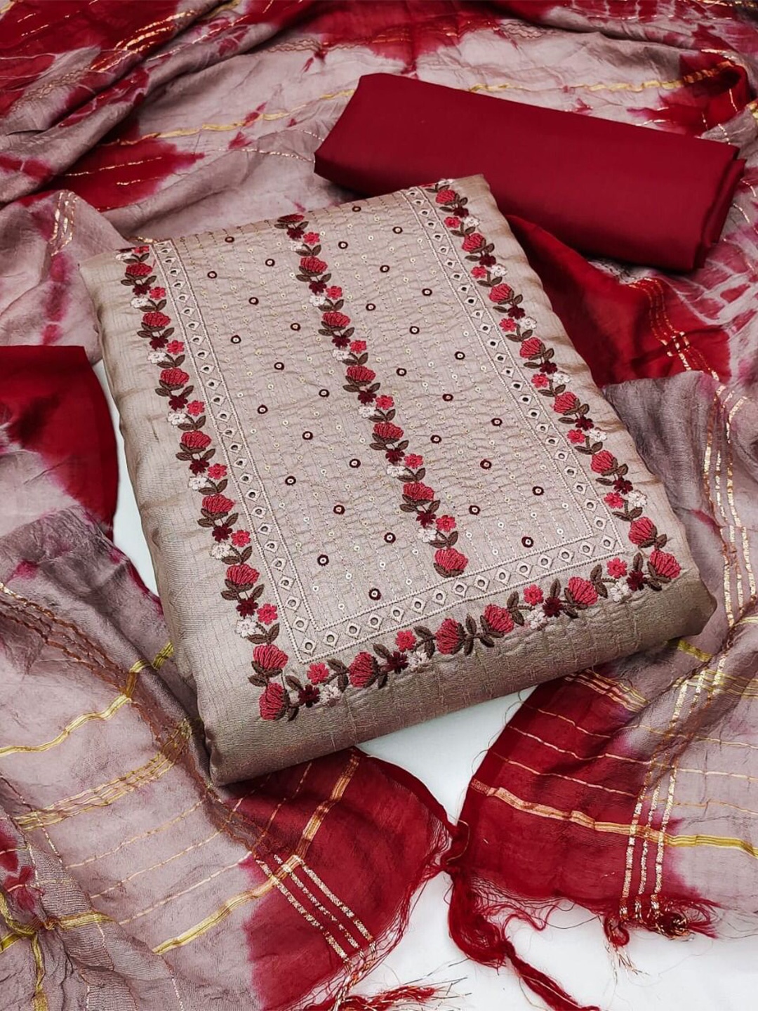 

ZEEPKART Floral Embroidered Unstitched Dress Material, Beige