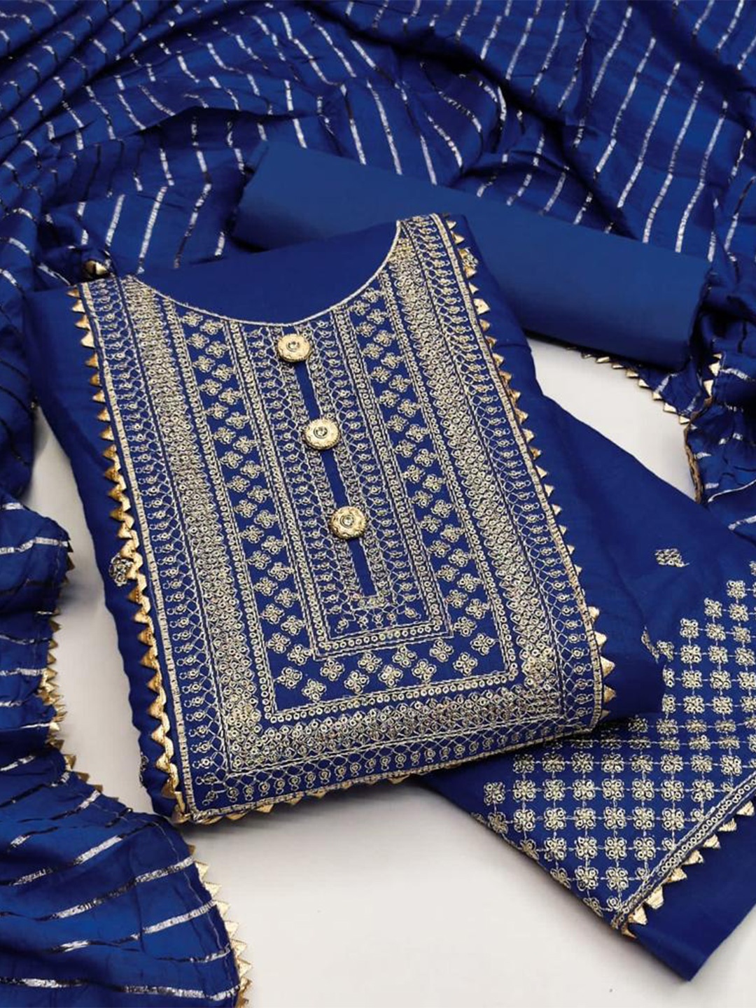 

ZEEPKART Ethnic Motifs Embroidered Gotta Patti Unstitched Dress Material, Blue