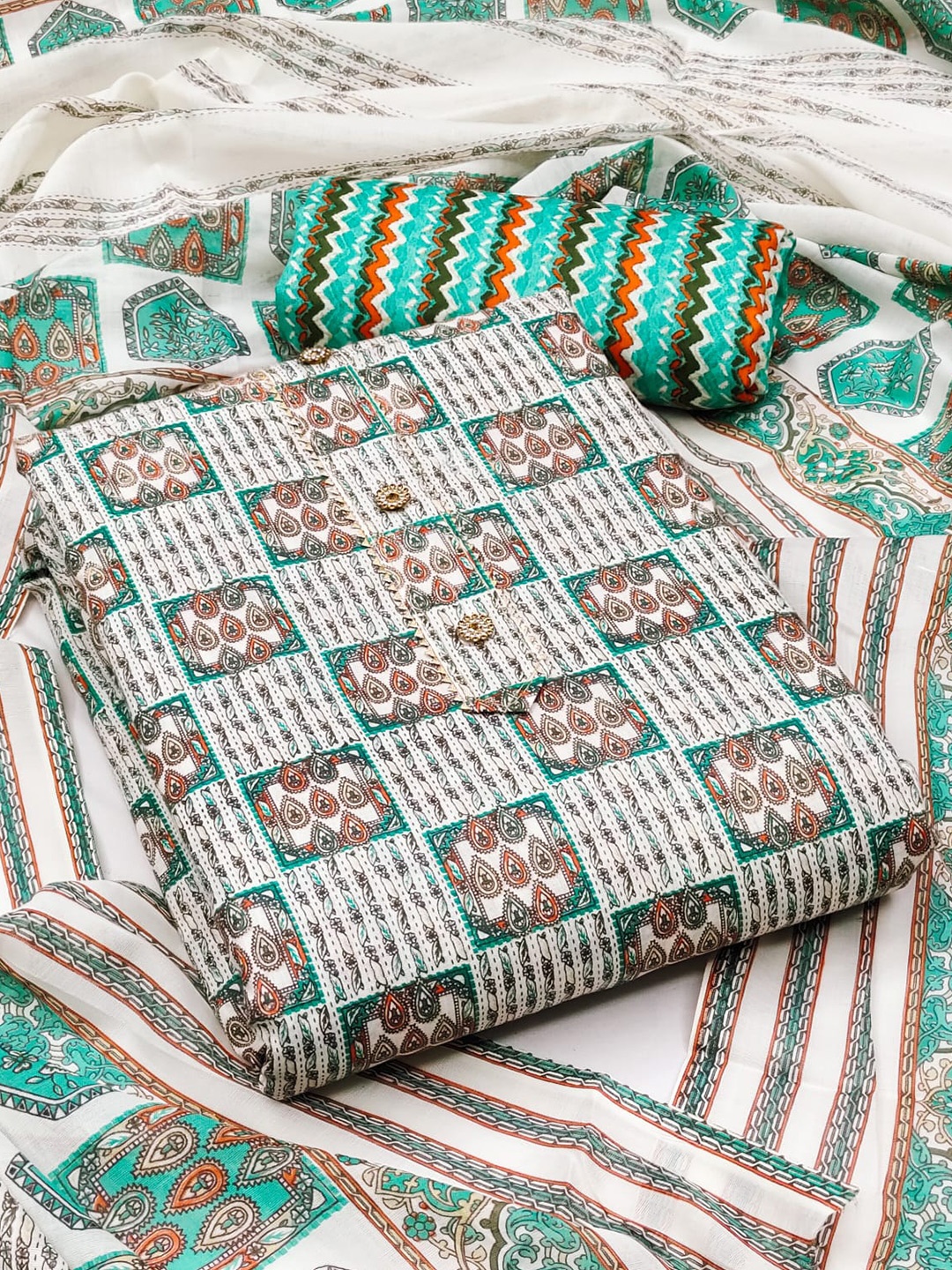 

ZEEPKART Ethnic Motifs Printed Gotta Patti Unstitched Dress Material, Blue