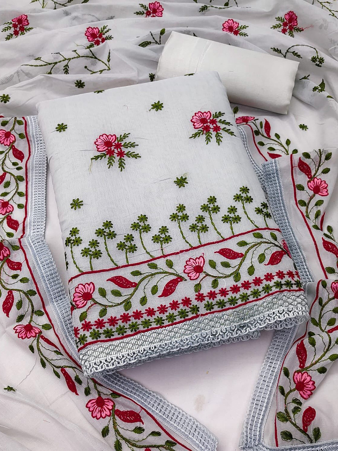 

ZEEPKART Floral Embroidered Unstitched Dress Material, Grey