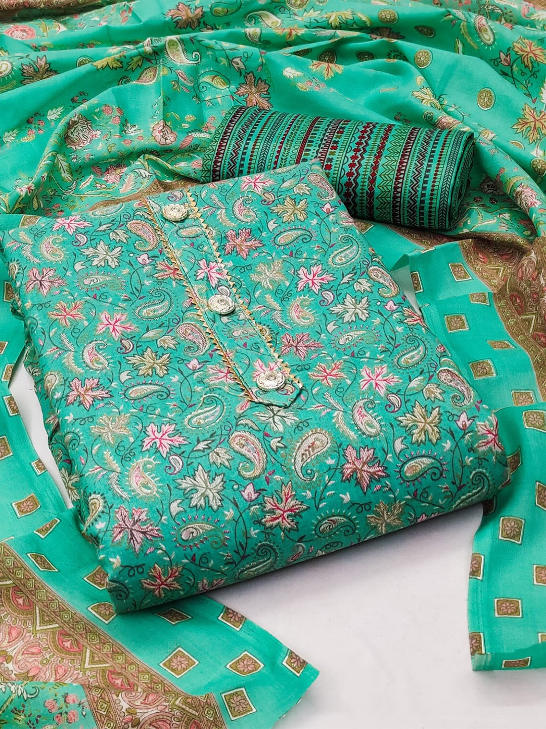 

ZEEPKART Printed Gotta Patti Unstitched Dress Material, Green