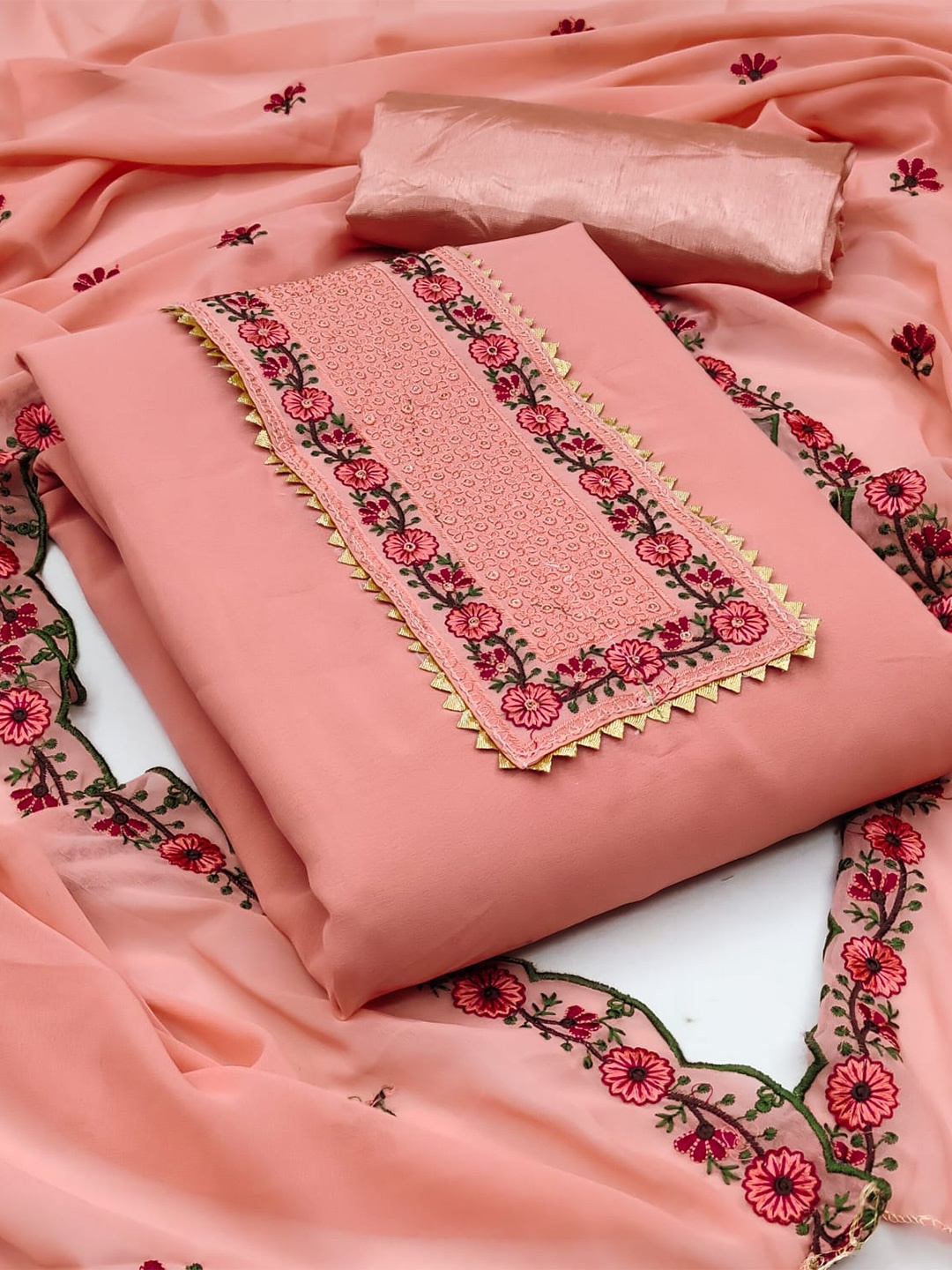 

ZEEPKART Floral Embroidered Gotta Patti Organza Unstitched Dress Material, Peach