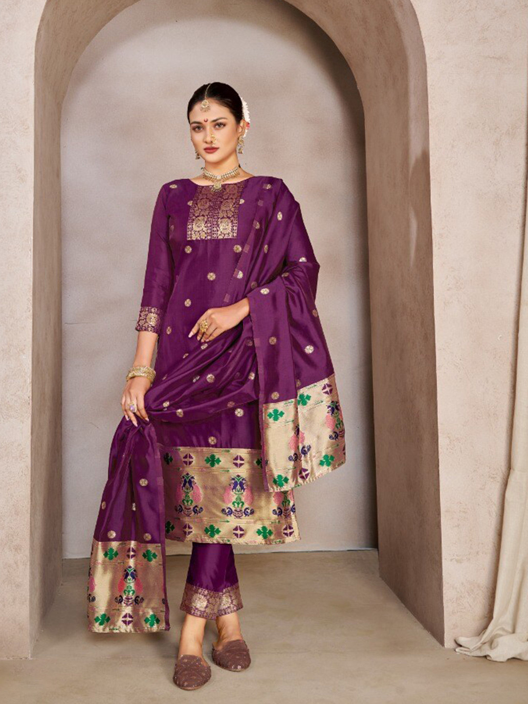 

ZEEPKART Ethnic Motifs Woven Design Zari Unstitched Dress Material, Violet
