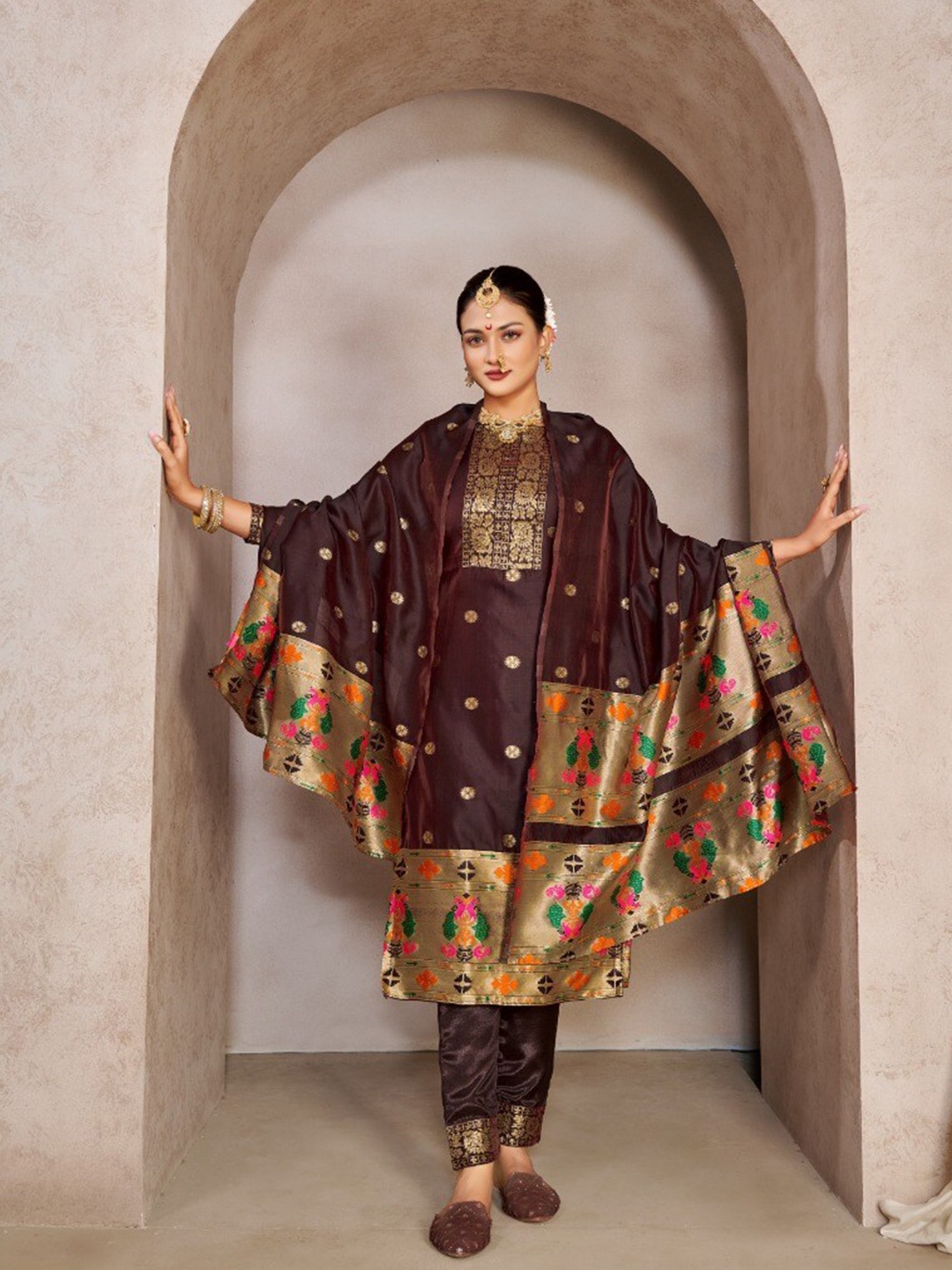 

ZEEPKART Ethnic Motifs Woven Design Zari Unstitched Dress Material, Maroon