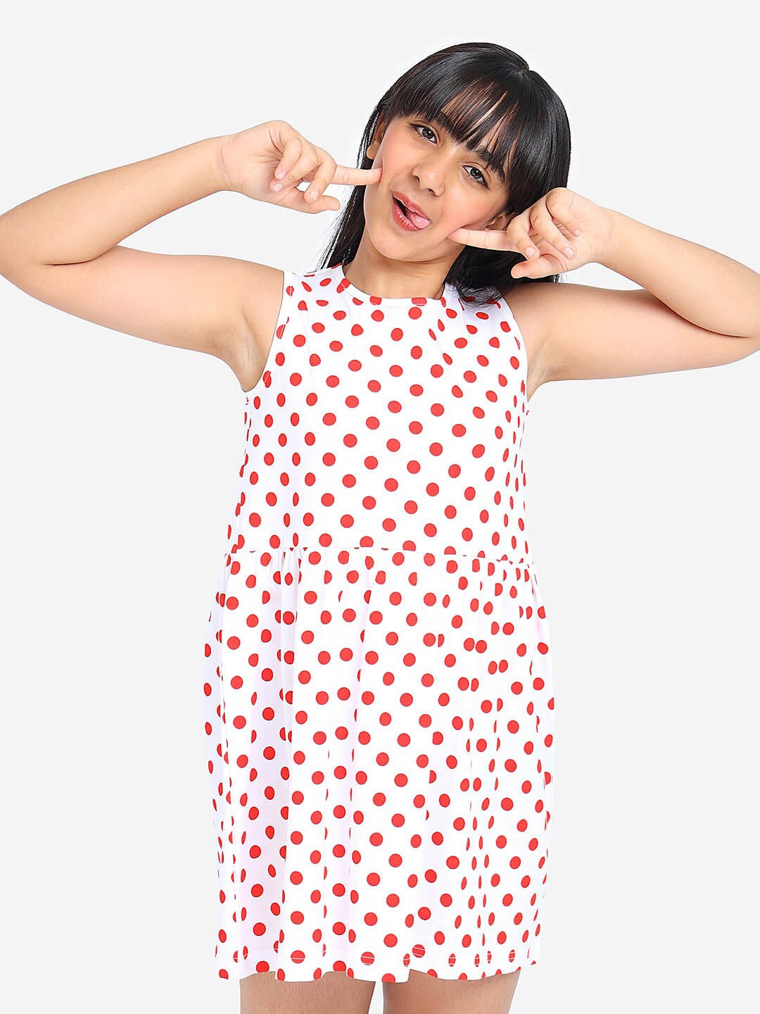 

BONKIDS Girls Polka Dot Printed Sleeveless Cotton A-Line Dress, White