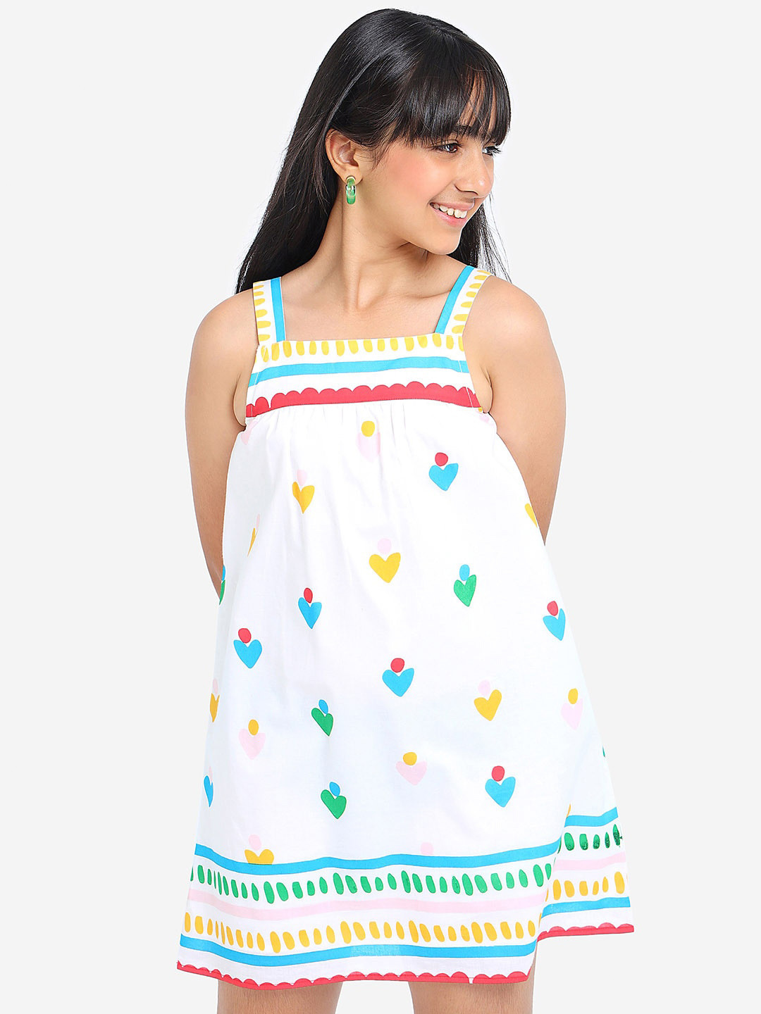 

BONKIDS Girls Conversational Printed Shoulder Strap Cotton A-Line Dress, White