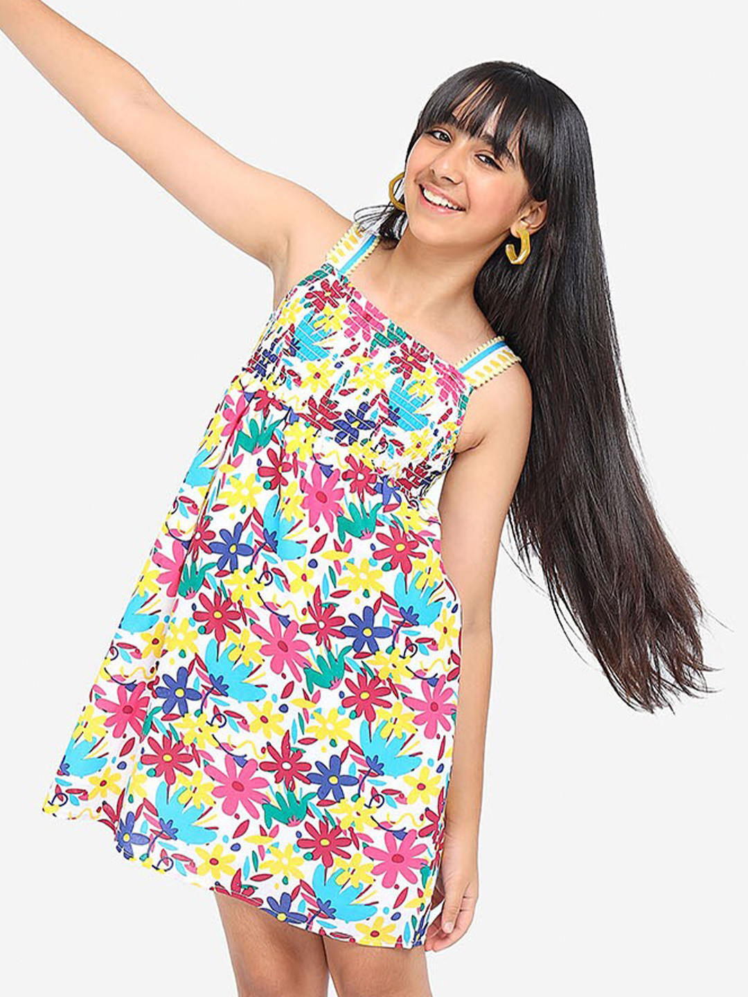 

BONKIDS Girls Floral Printed Shoulder Strap Smocked Cotton A-Line Dress, White
