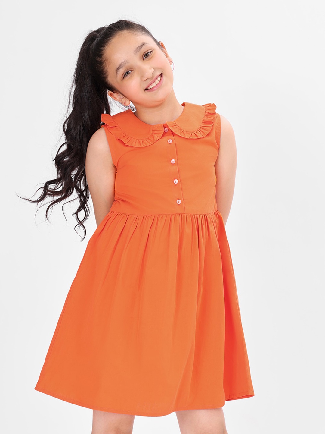 

BONKIDS Girls Peter Pan Collar Sleeveless Cotton Fit & Flare Dress, Orange