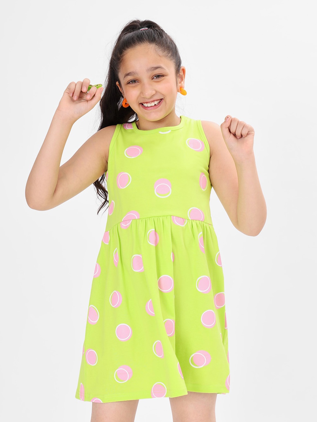 

BONKIDS Girls Polka Dot Printed Sleeveless Cotton Fit & Flare Dress, Sea green