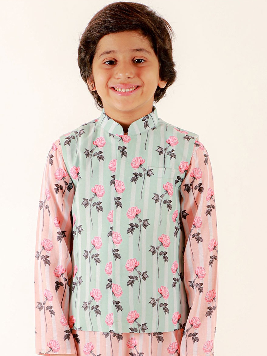 

JBN Creation Boys Floral Printed Mandarin Collar Cotton Nehru Jacket, Sea green