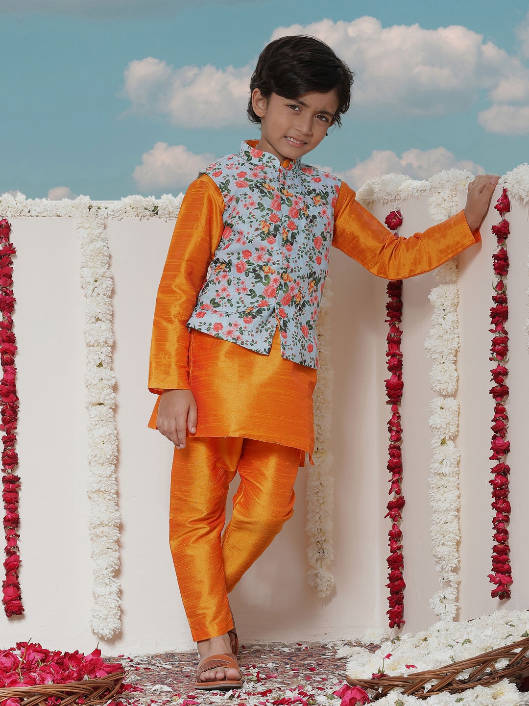 

JBN Creation Boys Mandarin Collar Straight Kurta & Pyjamas With Nehru Jacket, Orange