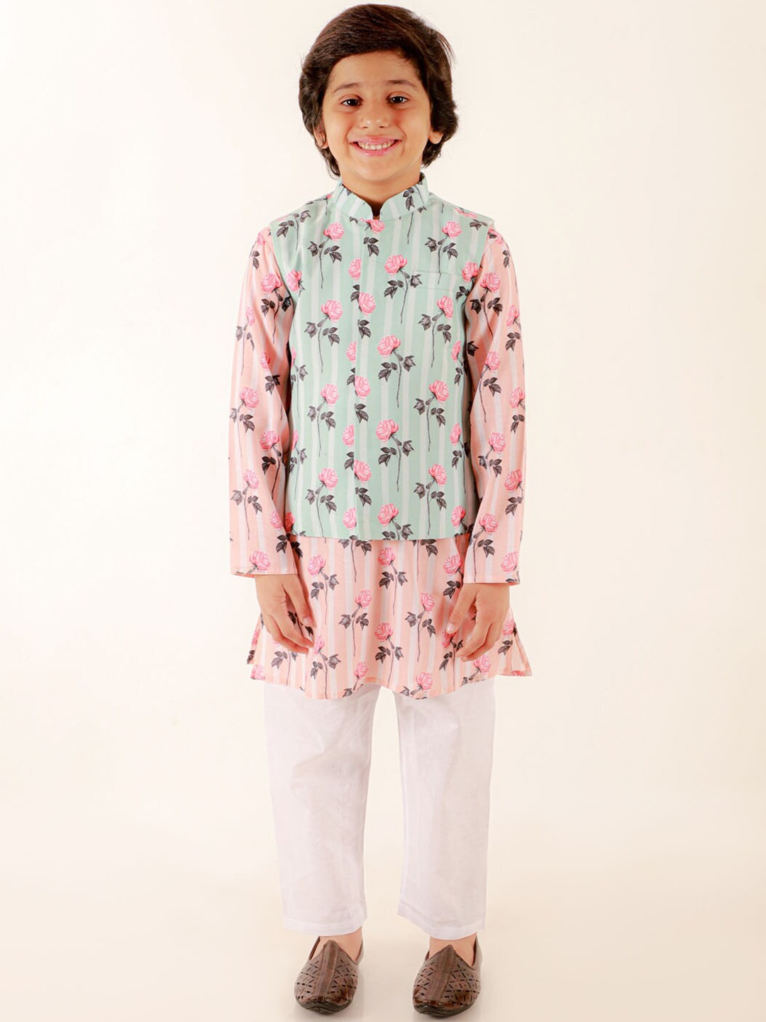 

JBN Creation Boys Floral Printed Straight Kurta & Pyjamas With Nehru Jacket, Pink