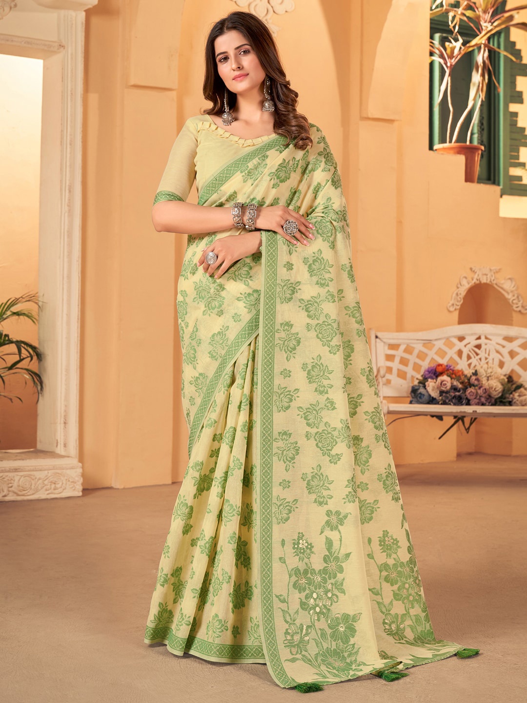 

Sangria Yellow Floral Woven Design Saree With Blouse Piece