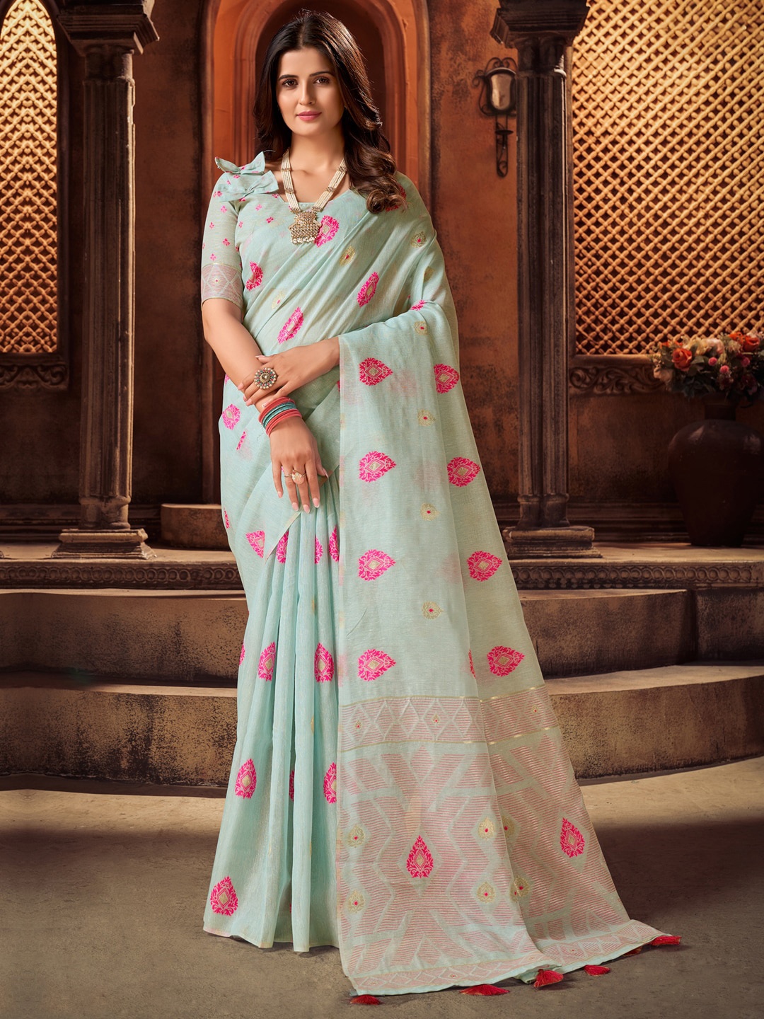 

Sangria Blue Ethnic motifs Woven Design Saree With Blouse Piece