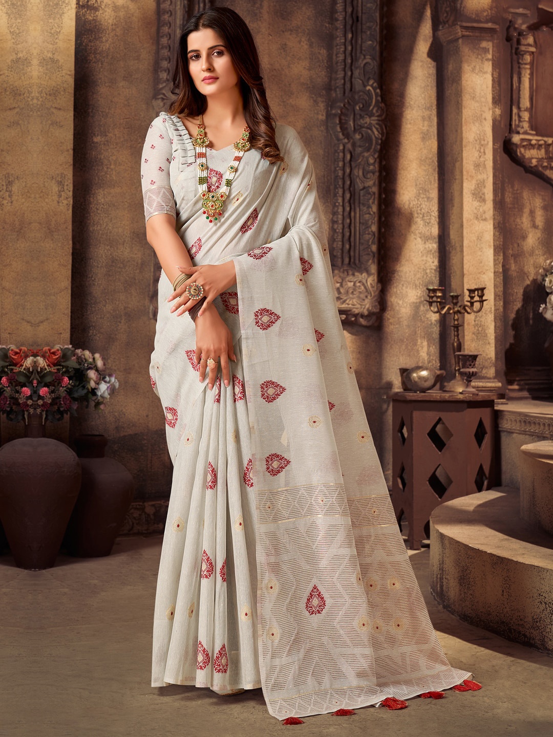 

Sangria Grey Ethnic Motifs Woven Design Saree