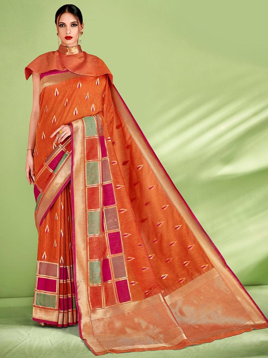 

Sangria Orange Geometric Woven Design Zari Saree