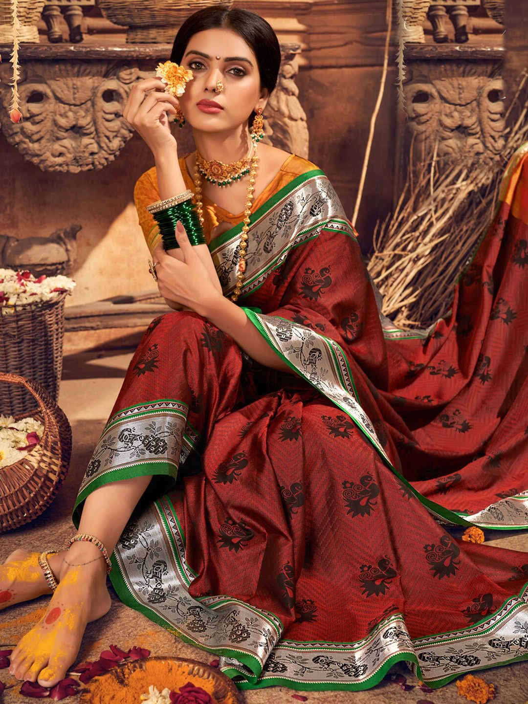 

Sangria Brown Ethnic Motifs Woven Design Zari Kanjeevaram Saree
