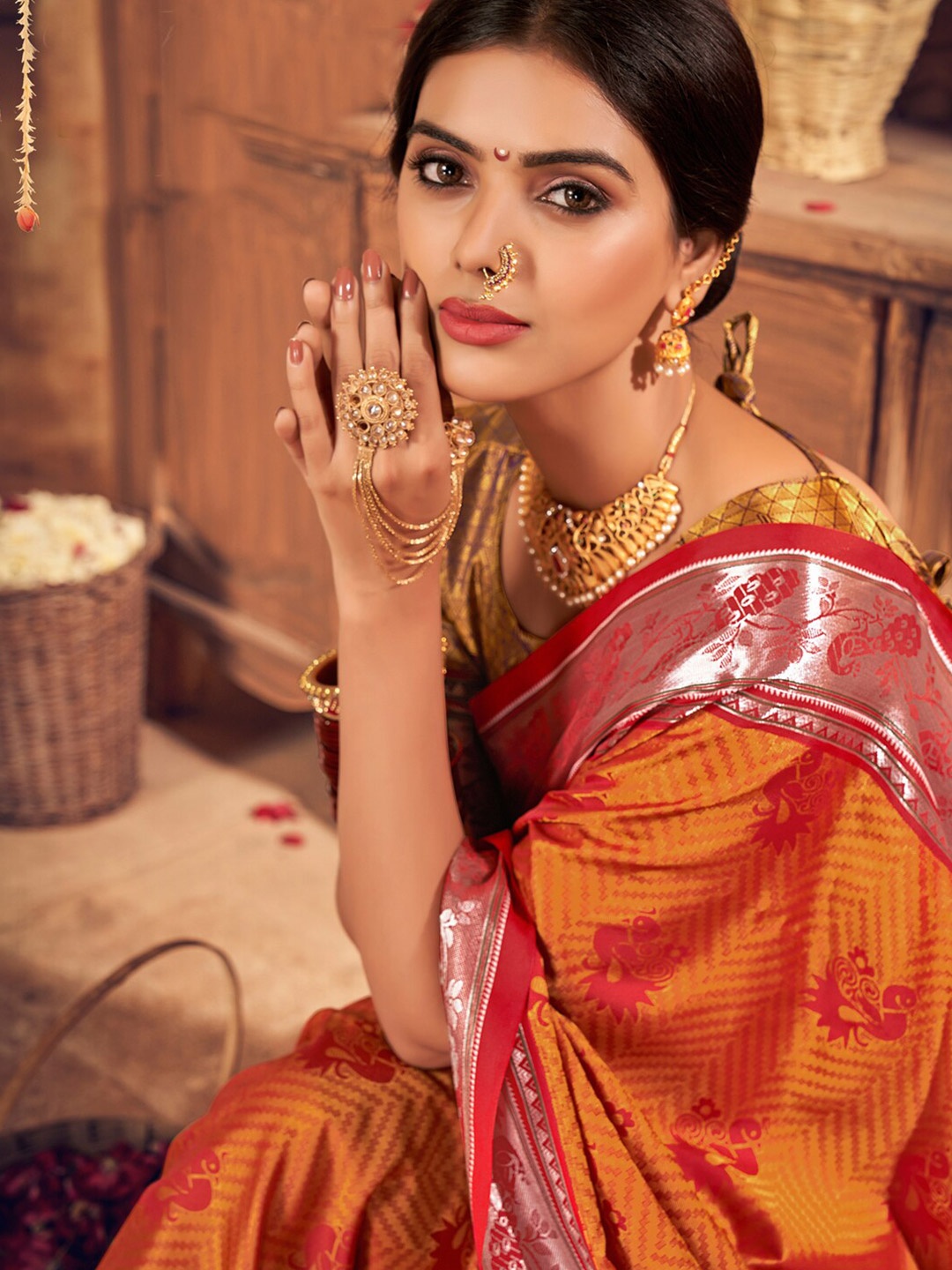

Sangria Ethnic Motifs Woven Design Saree With Blouse Piece, Orange