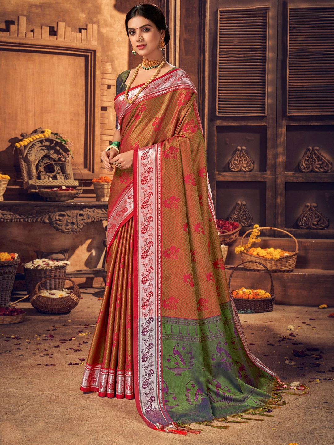 

Sangria Ethnic Motifs Woven Design Saree, Maroon