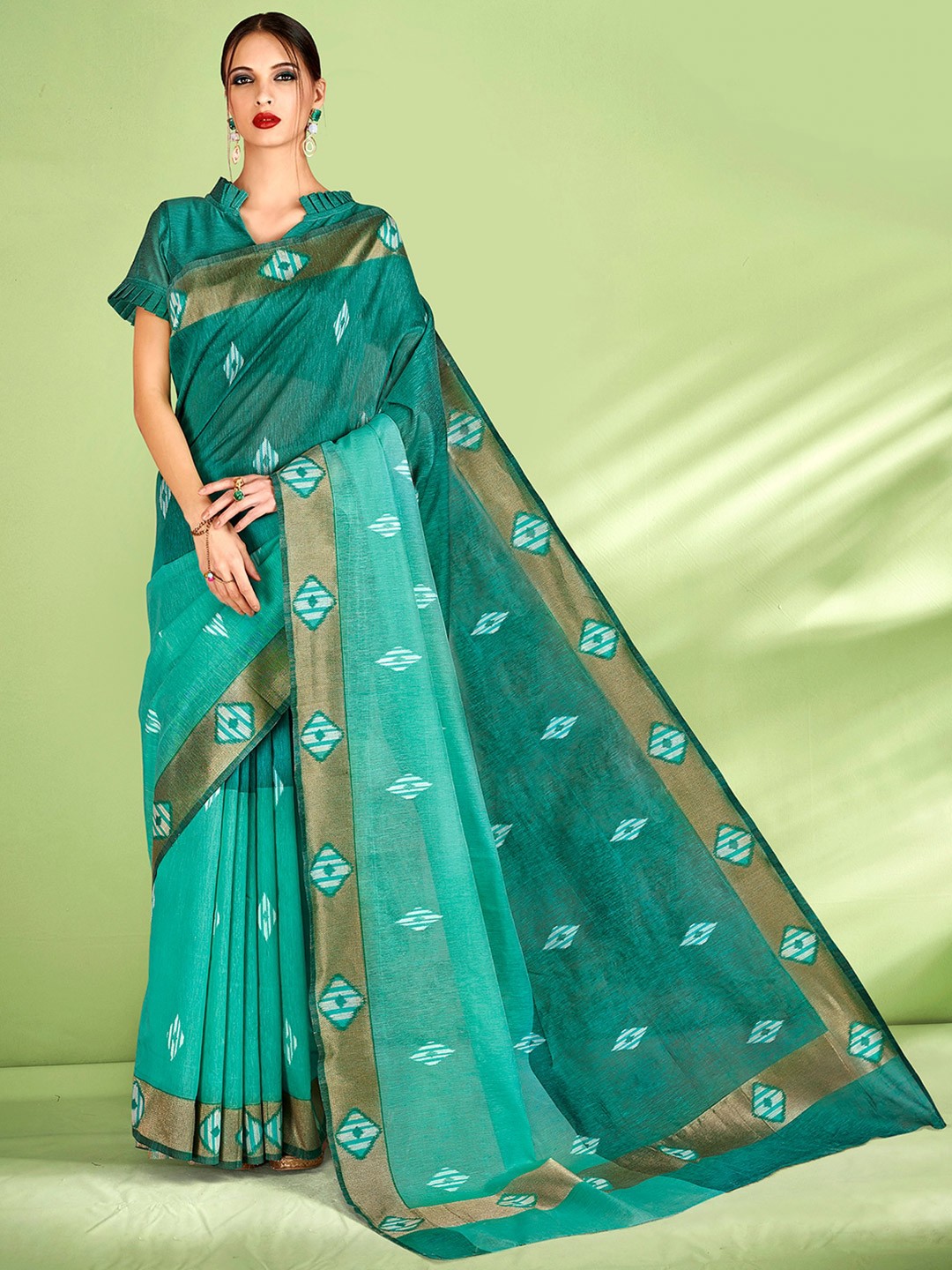 

Sangria Geometric Printed Zari Banarasi Saree, Teal