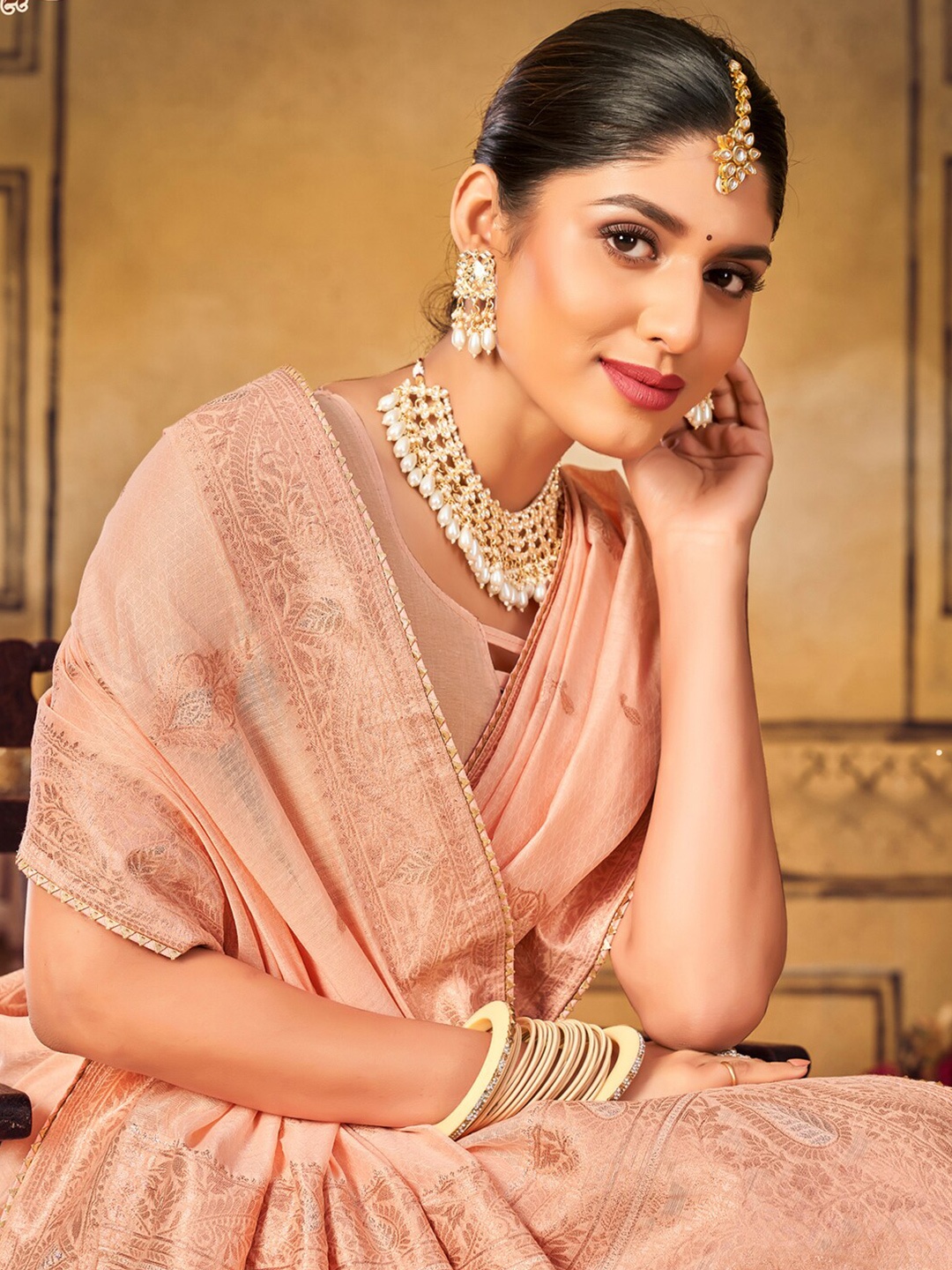 

Sangria Peach Woven Design Gotta Patti Saree With Blouse Piece