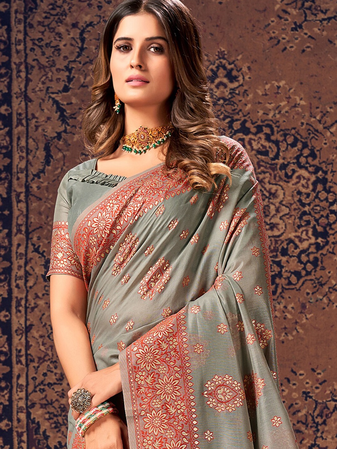 

Sangria Grey Floral Woven Design Zari Banarasi Saree