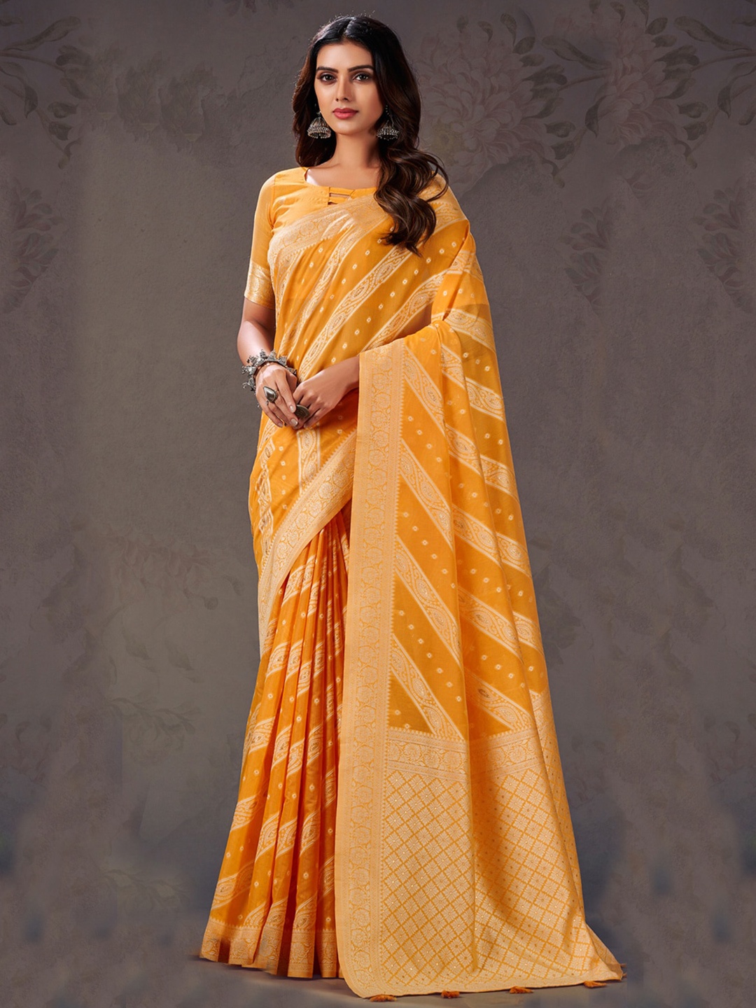 

Sangria Yellow Ethnic Motifs Woven Design Zari Banarasi Saree