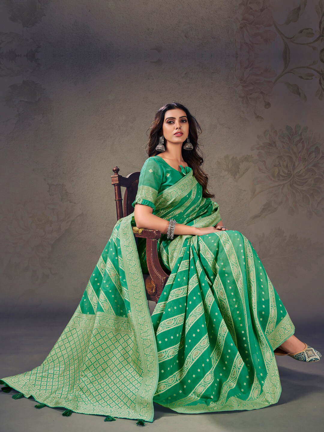 

Sangria Ethnic Motifs Woven Designed Saree, Sea green