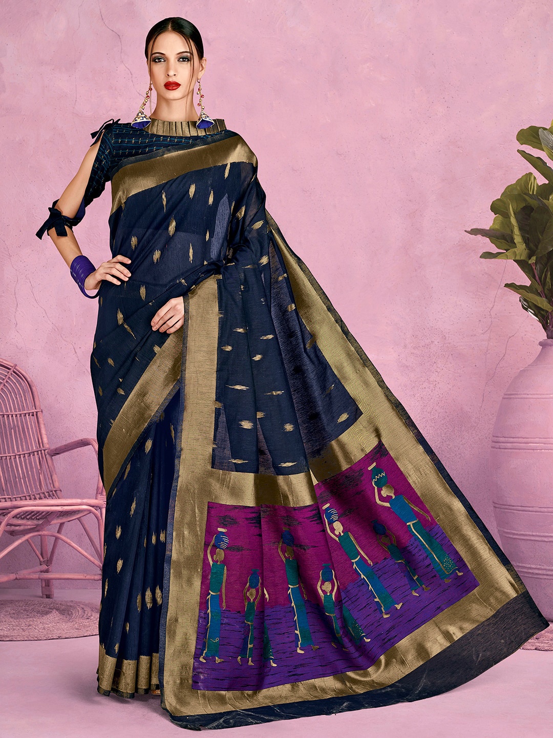 

Sangria Navy Blue Ethnic Woven-Designed Festive Saree With Blouse Piece