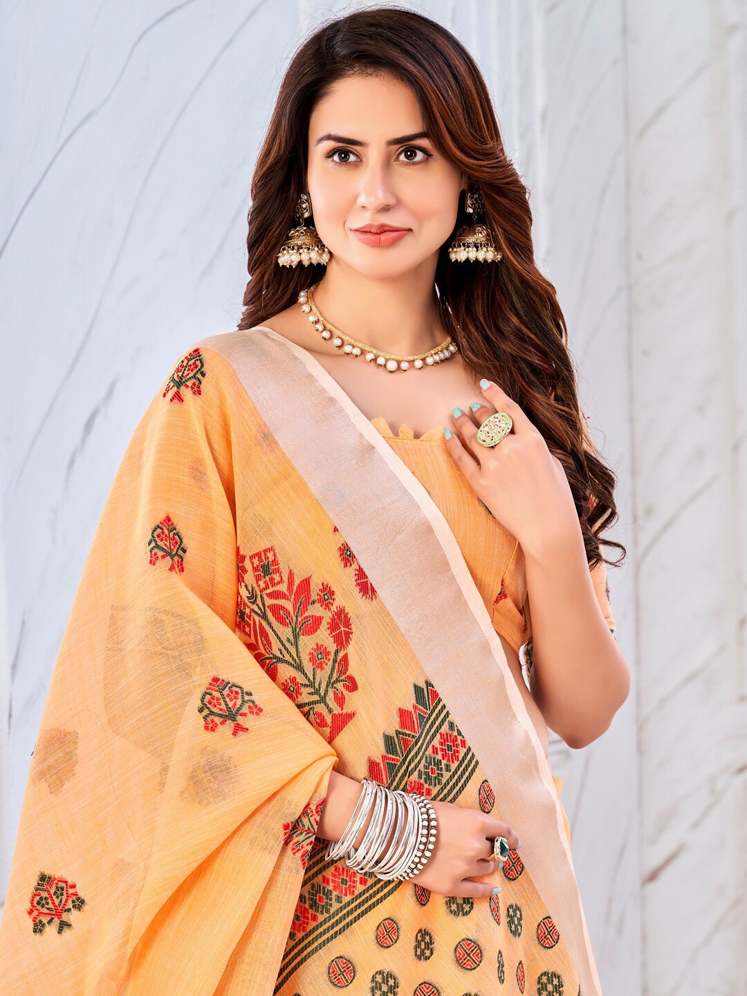 

Sangria Ethnic Motifs Woven Designed Embroidered Detail Saree, Orange