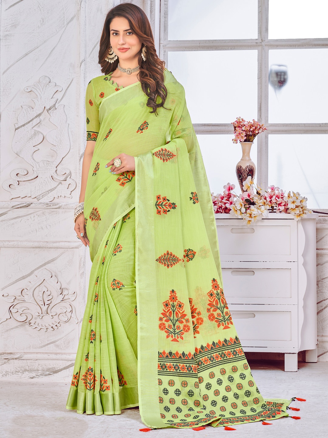 

Sangria Ethnic Woven-Designed Festive Saree With Blouse Piece, Green