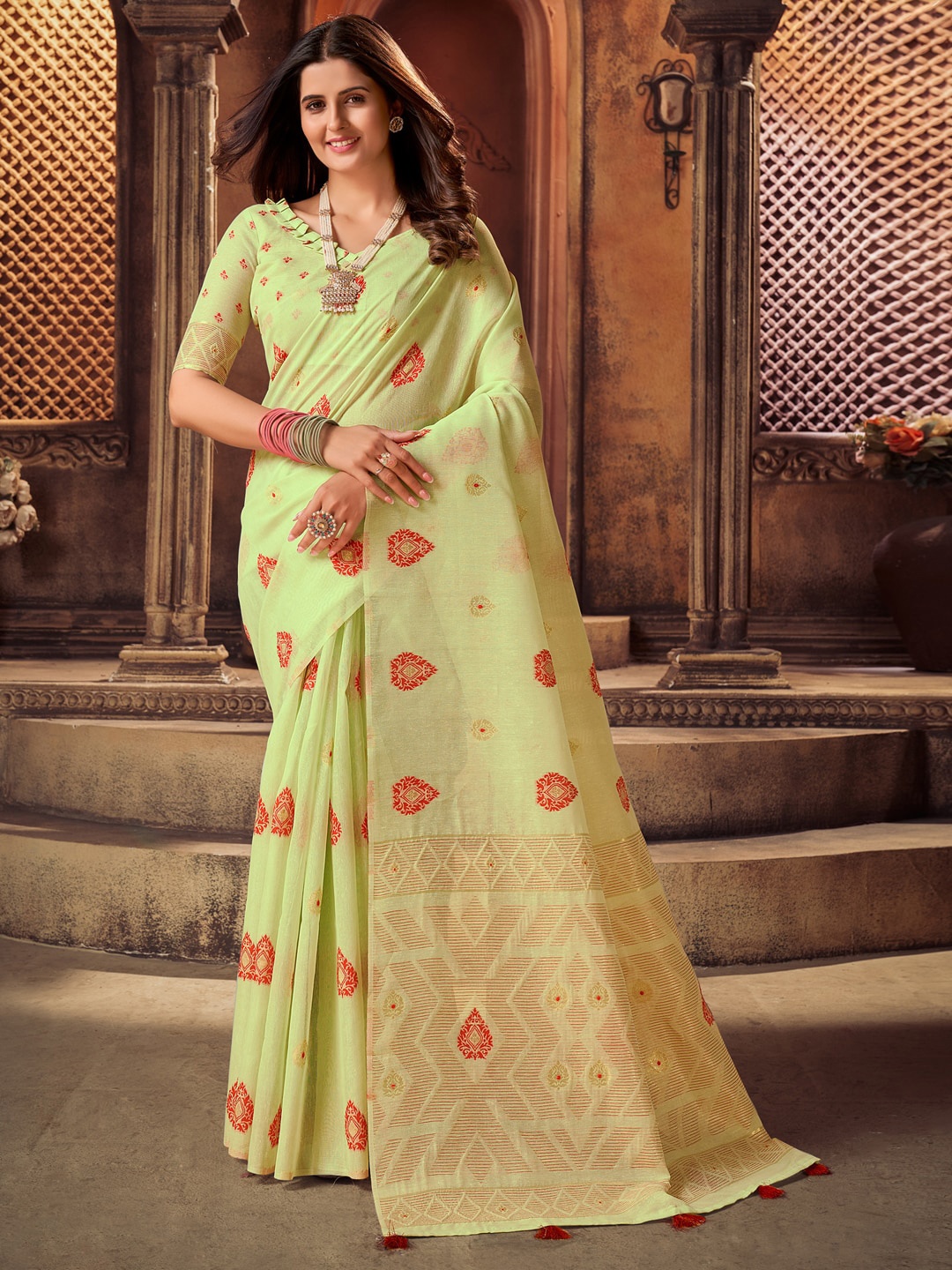 

Sangria Ethnic Woven-Designed Festive Saree With Blouse Piece, Yellow