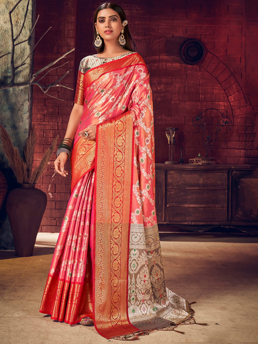 

Sangria Pink Ethnic Woven-Designed Festive Saree With Blouse Piece