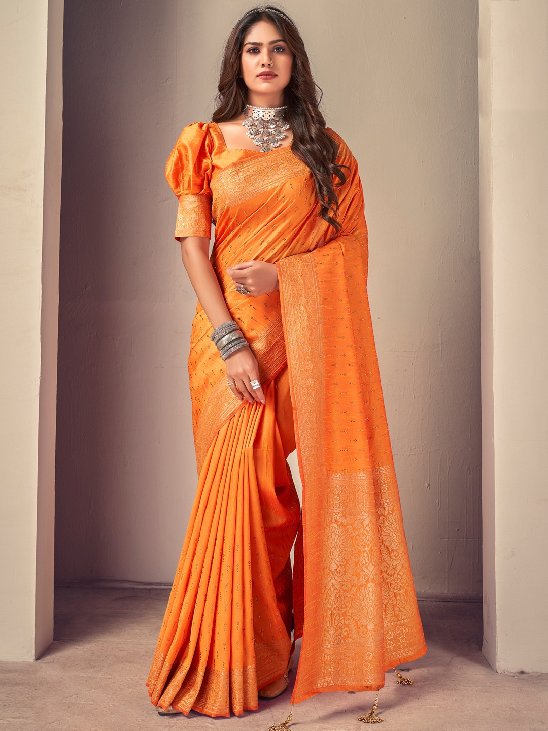 

Sangria Mustard Ethnic Woven-Designed Festive Saree With Blouse Piece