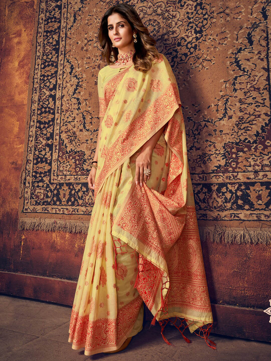 

Sangria Yellow Floral Woven Design Saree