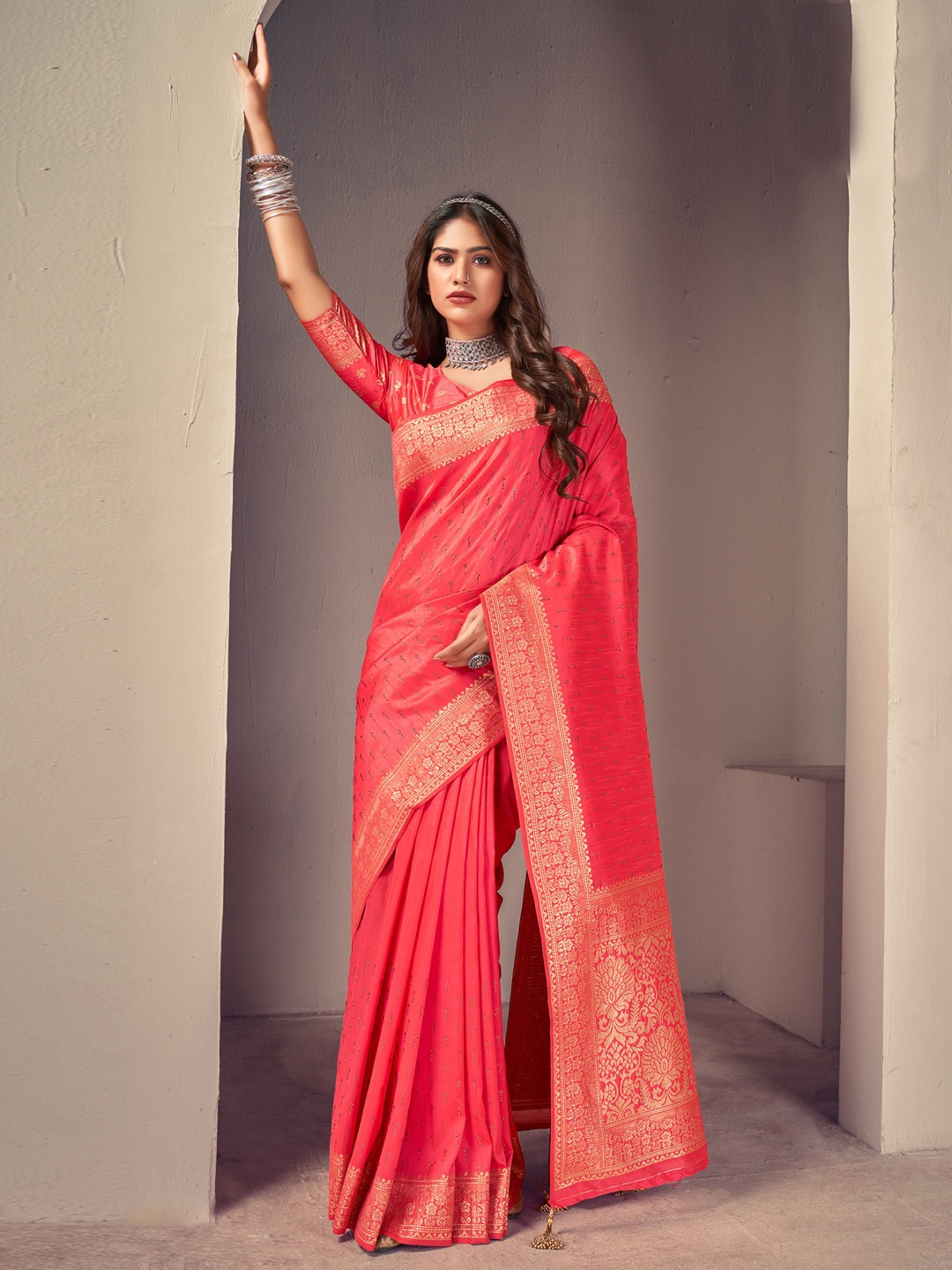 

Sangria Pink Ethnic Woven-Designed Festive Saree With Blouse Piece