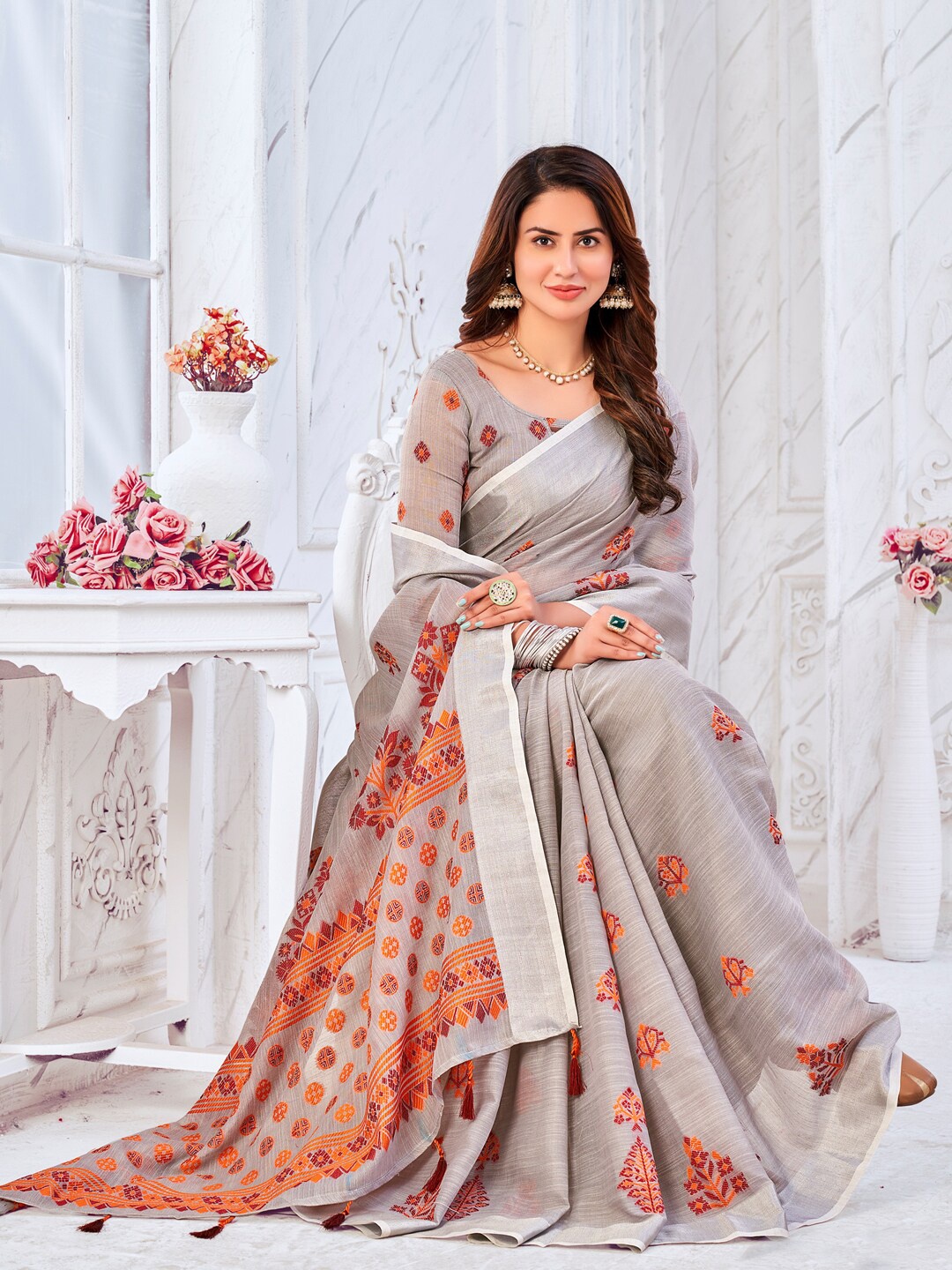 

Sangria Grey Floral Woven Design Saree