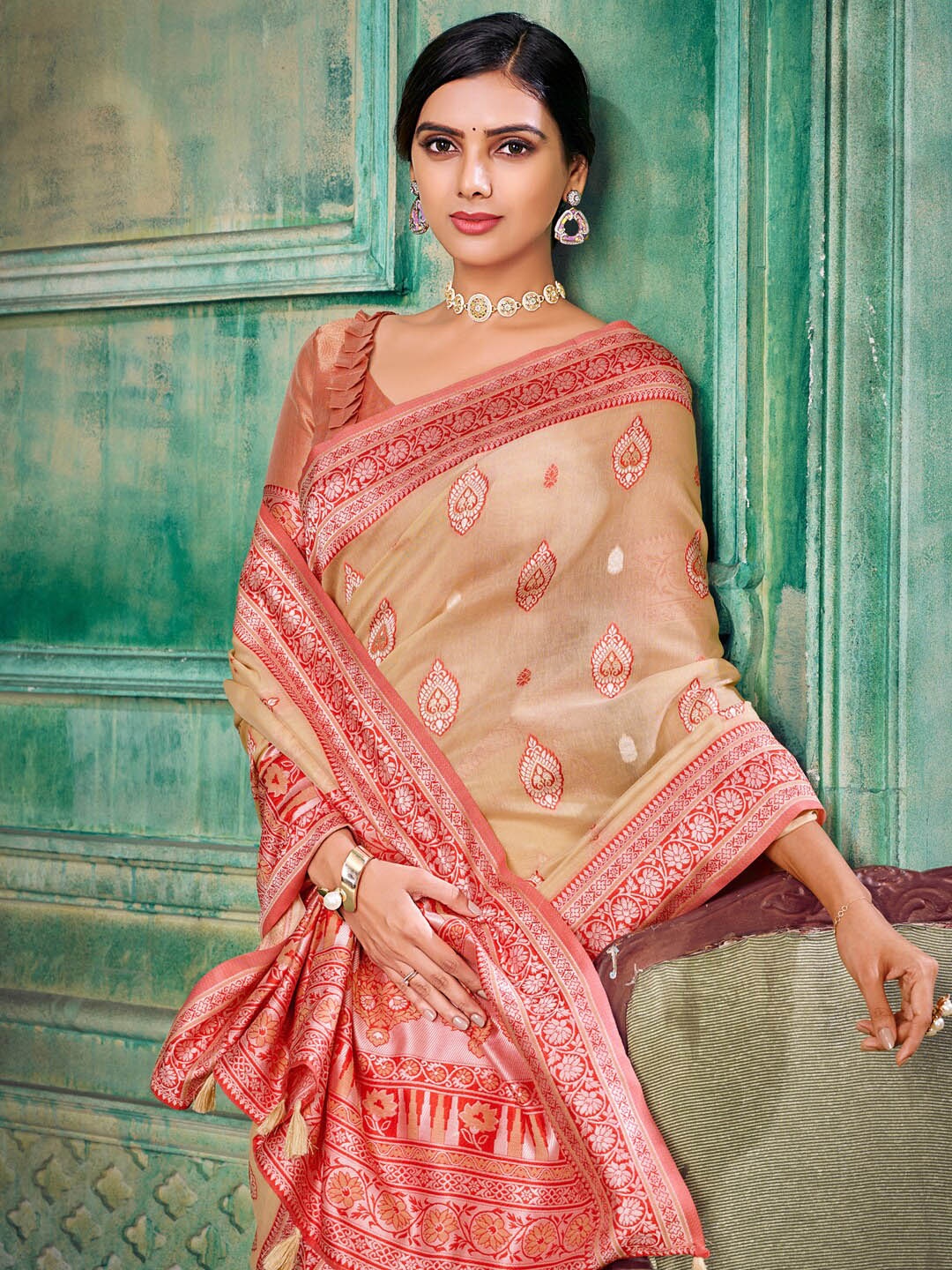 

Sangria Beige Ethnic Motifs Woven Design Zari Saree