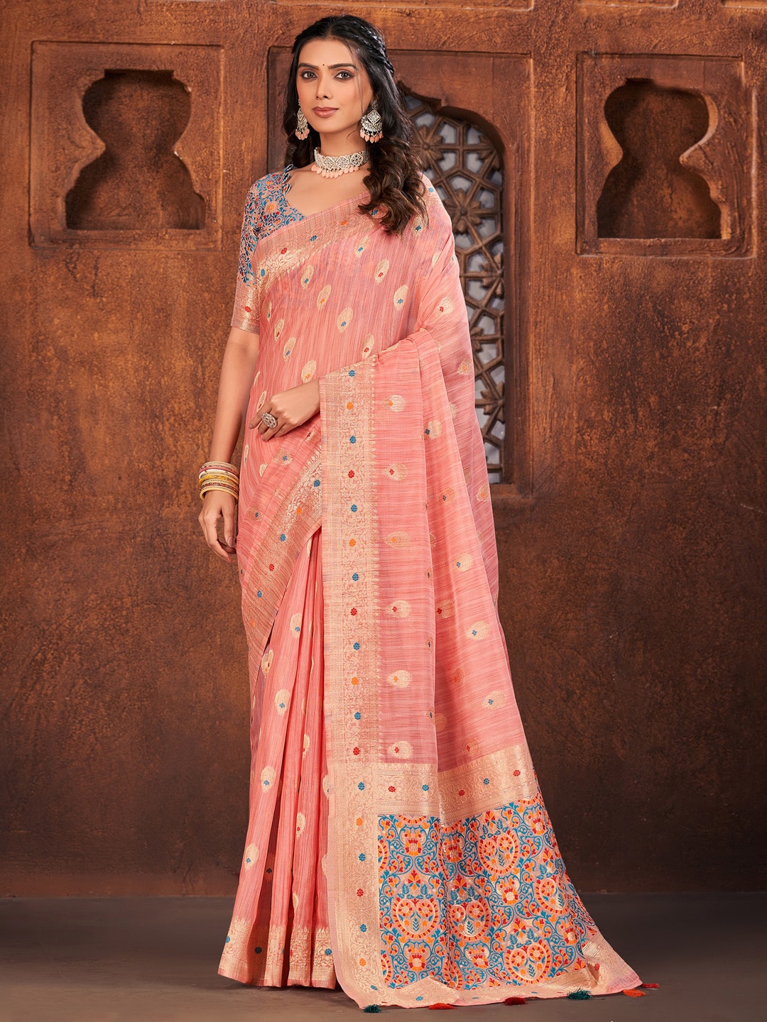 

Sangria Pink & Blue Ethnic Motifs Woven Design Banarasi Saree With Blouse