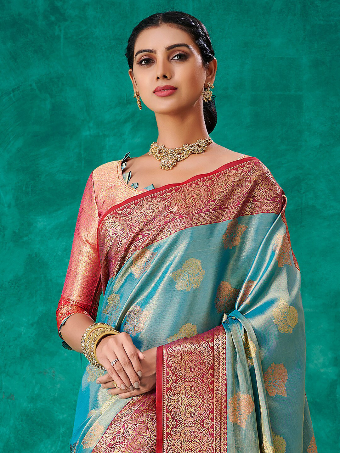 

Sangria Blue Ethnic Motifs Woven Design Zari Kanjeevaram Saree