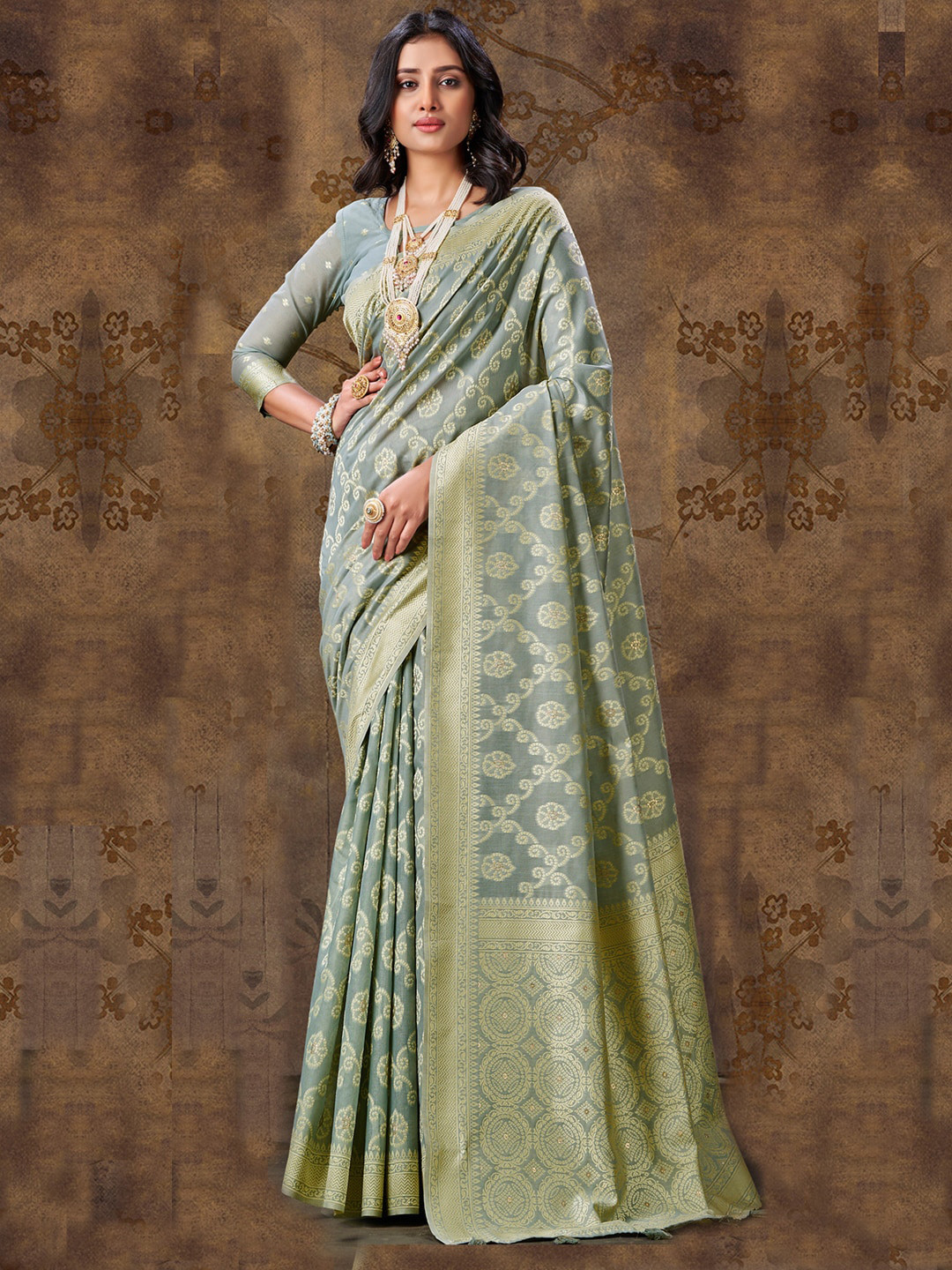 

Sangria Grey Ethnic Motifs Woven Design Zari Banarasi Sarees