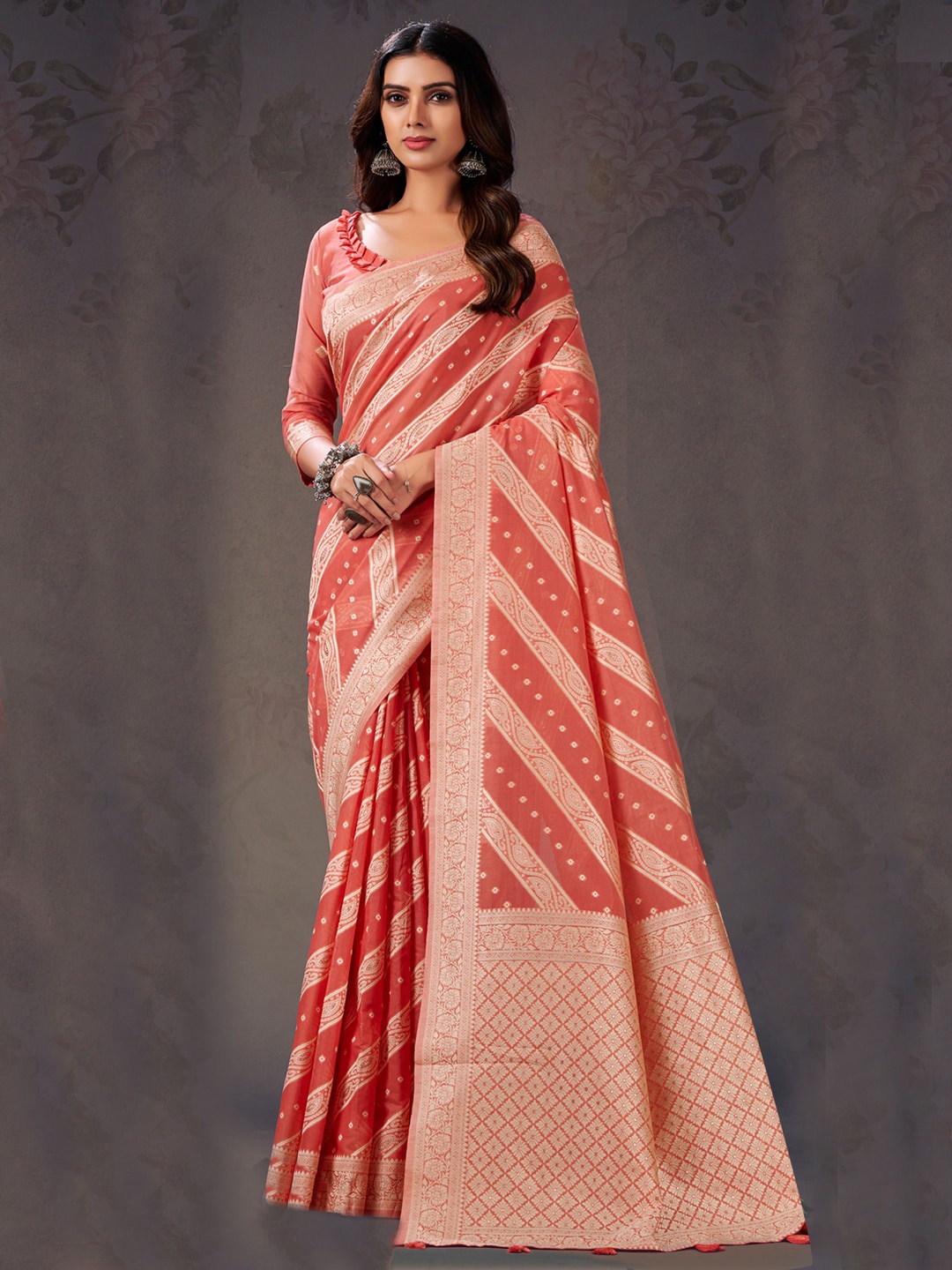 

Sangria Peach Ethnic Motifs Woven Design Banarasi Saree With Blouse