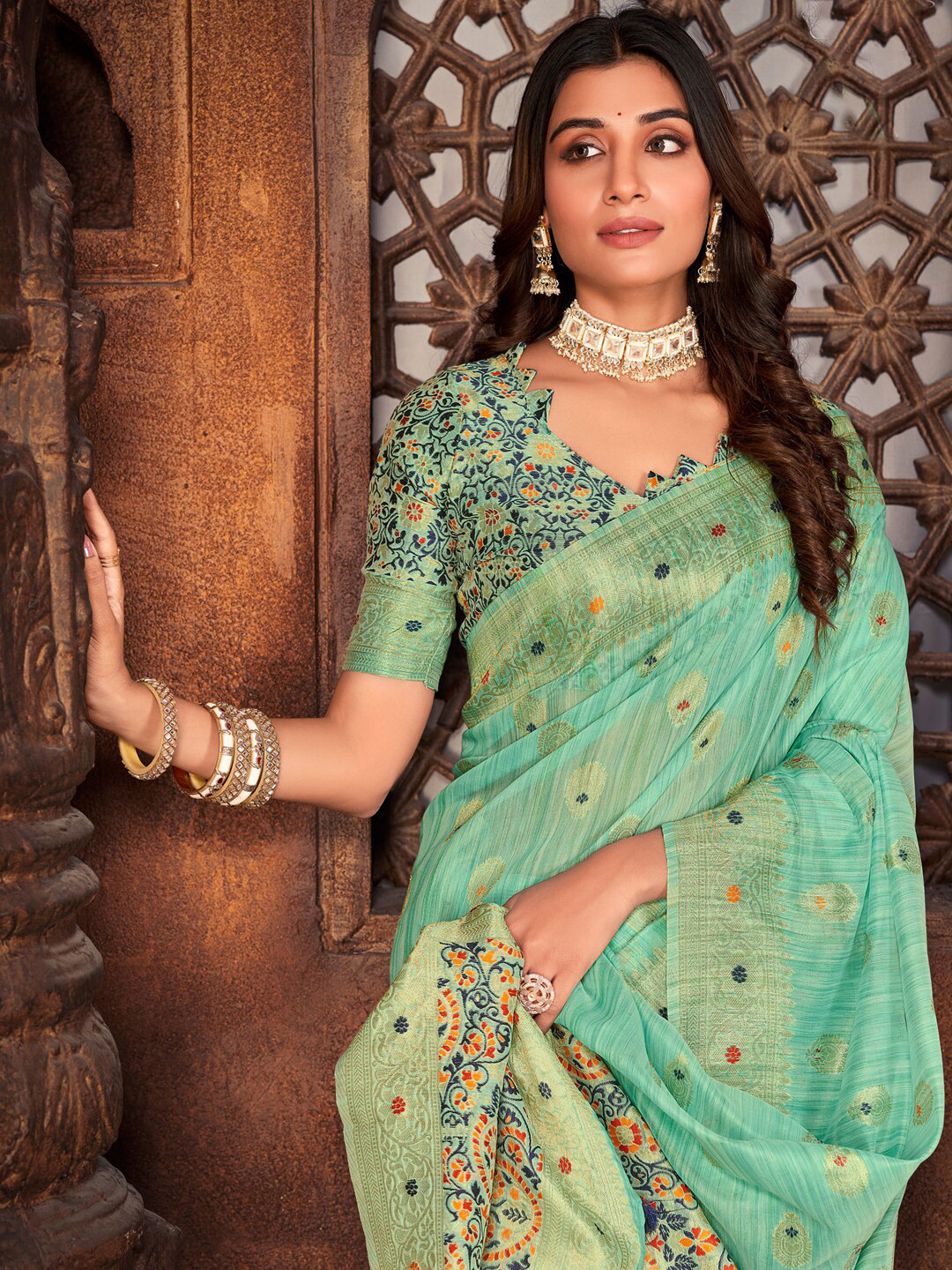 

Sangria Sea Green Ethnic Motifs Woven Design Embroidered Banarasi Saree
