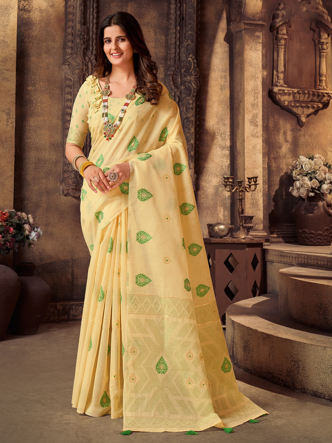 

Sangria Yellow Ethnic Motifs Woven Design Embroidered Banarasi Saree