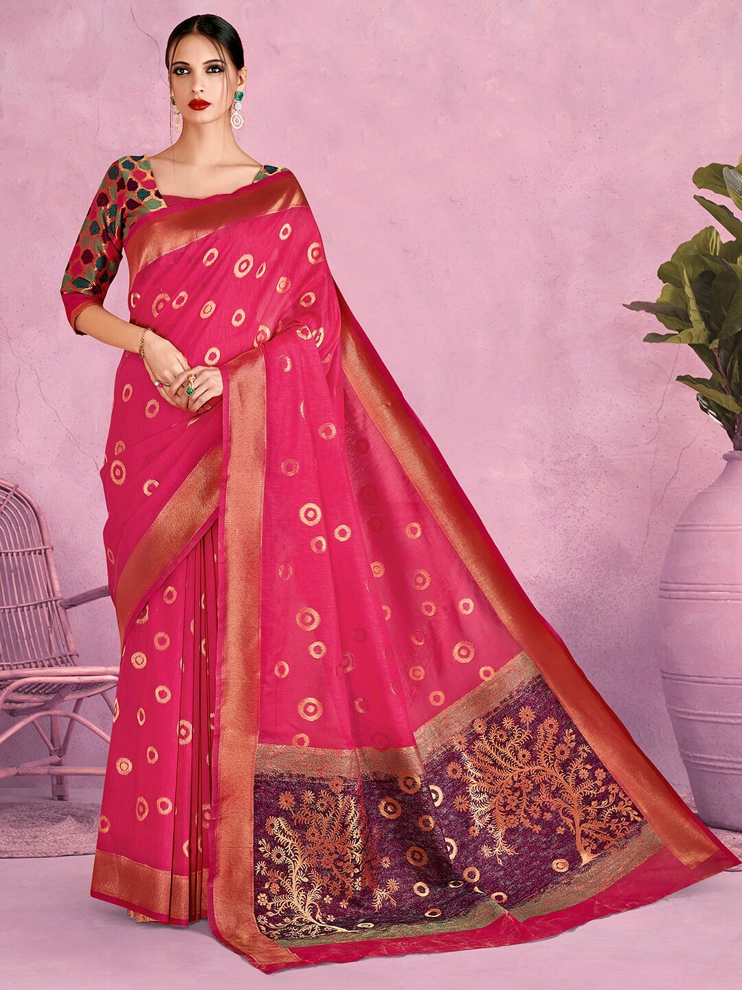 

Sangria Ethnic Motifs Woven-Designed Banarasi Saree With Blouse Piece, Pink