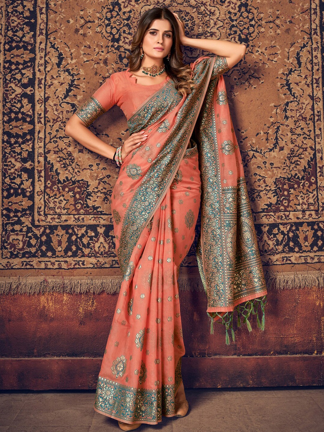 

Sangria Rust Ethnic Motifs Woven Design Banarasi Saree