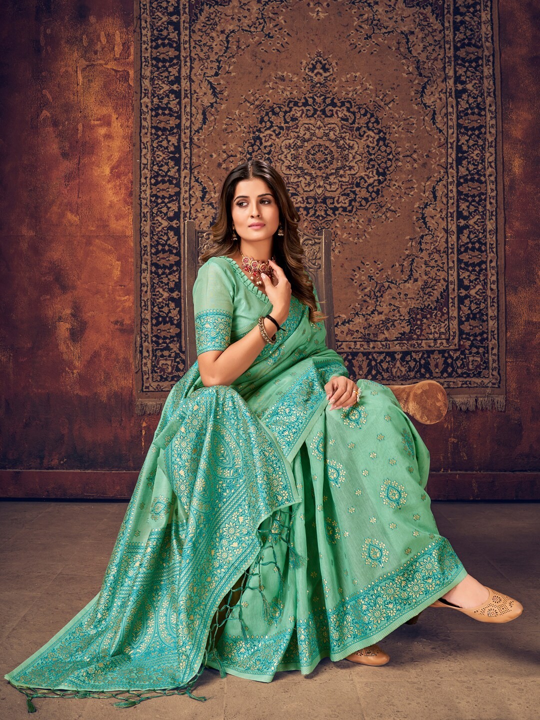 

Sangria Sea Green Ethnic Motifs Woven Design Banarasi Saree With Blouse