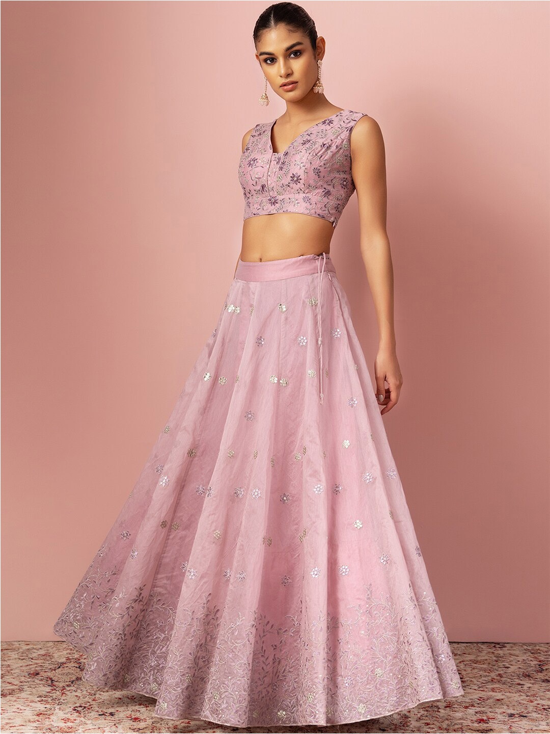 

Indya Luxe Floral Embroidered Thread Work Ready To Wear Lehenga & Blouse With Dupatta, Pink
