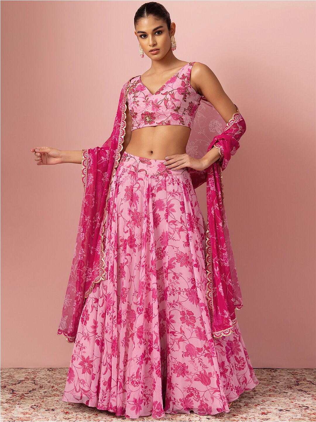

Indya Luxe X VARUN BAHL Floral Embellished Ready To Wear Lehenga & Blouse With Dupatta, Pink